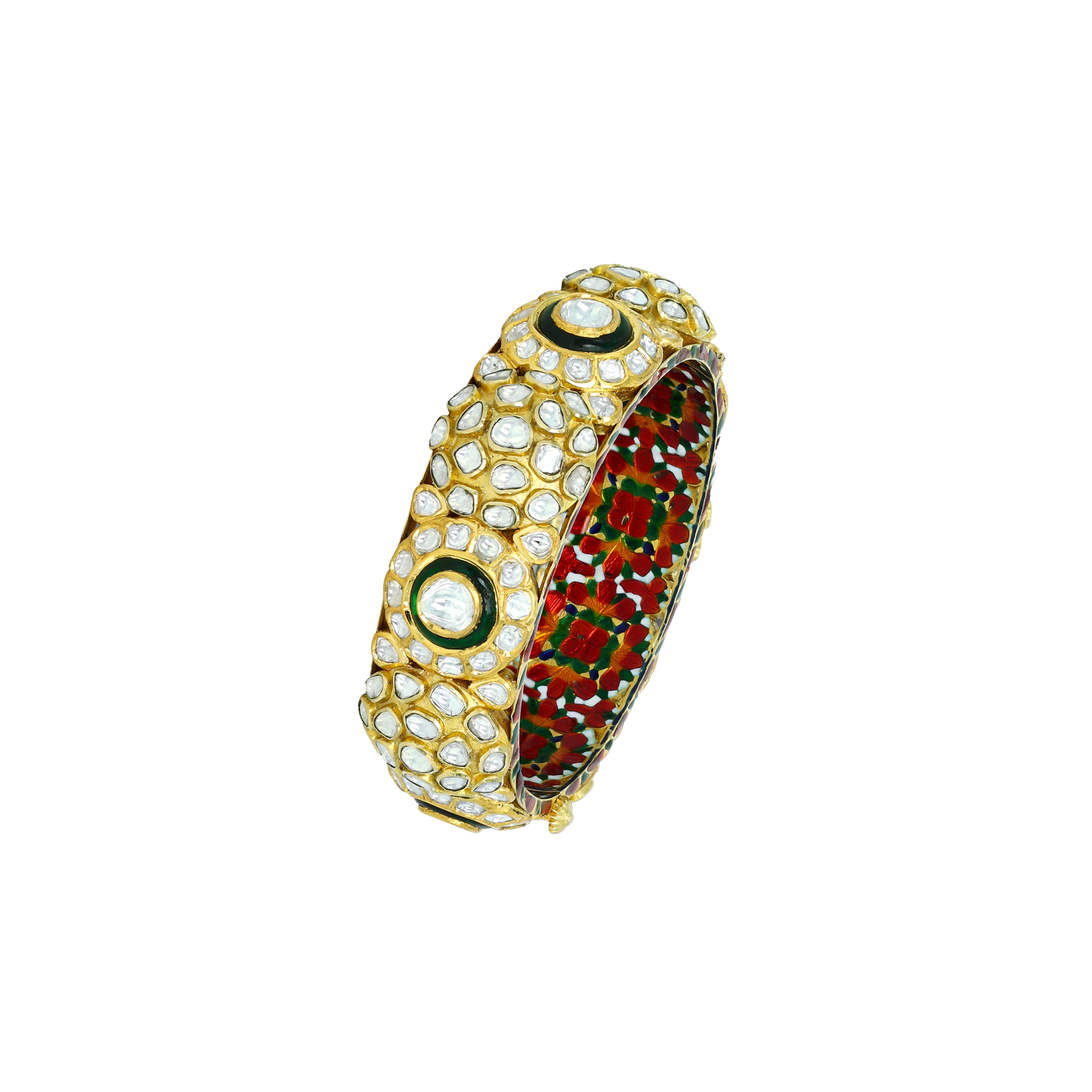 Makadi Polki Bangle with Red-Green Floral Enamel Detail